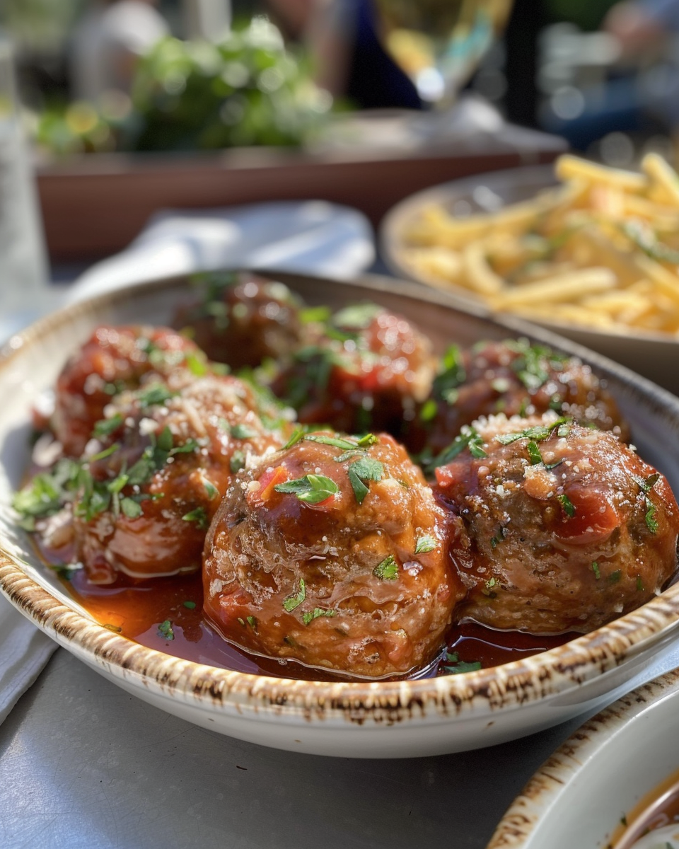 Final cooked pressure cooker meatballs served steaming with dipping sauce