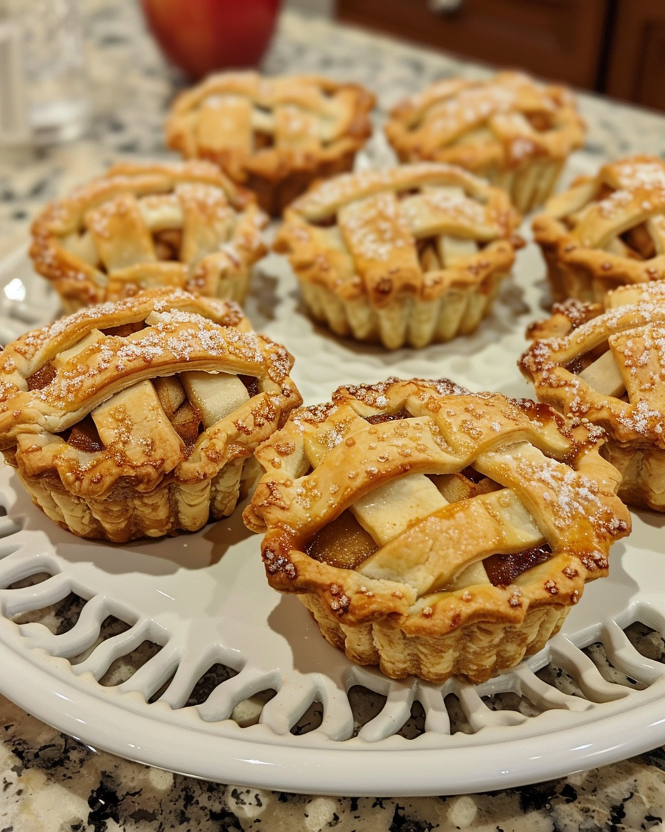 Golden-brown mini apple pies cooling after being taken from the oven, ready to be enjoyed.