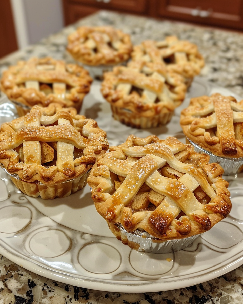 A delicious mini apple pie, golden and flaky, filled with cinnamon-spiced apples, ready for a bite.