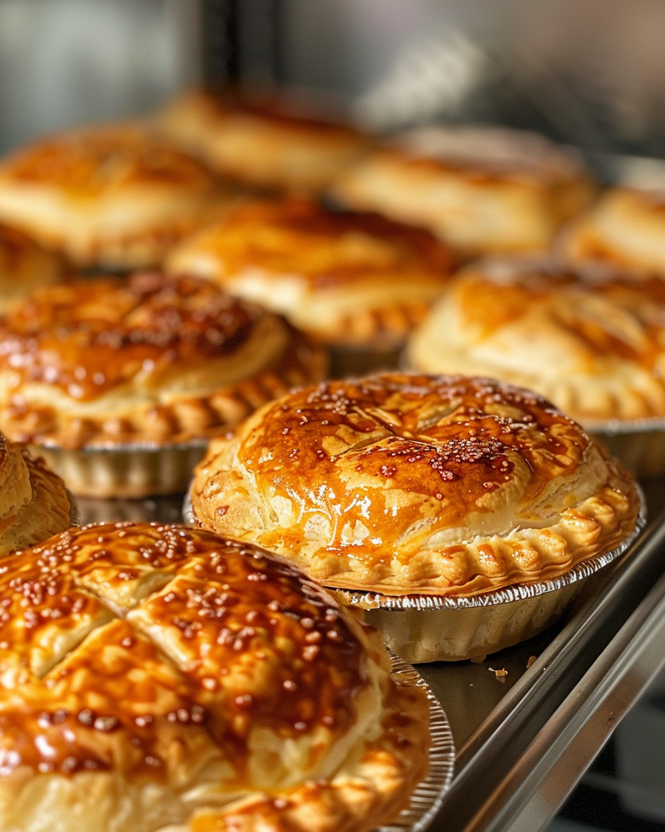 Freshly baked mini apple pies cooling, with a golden-brown crust.