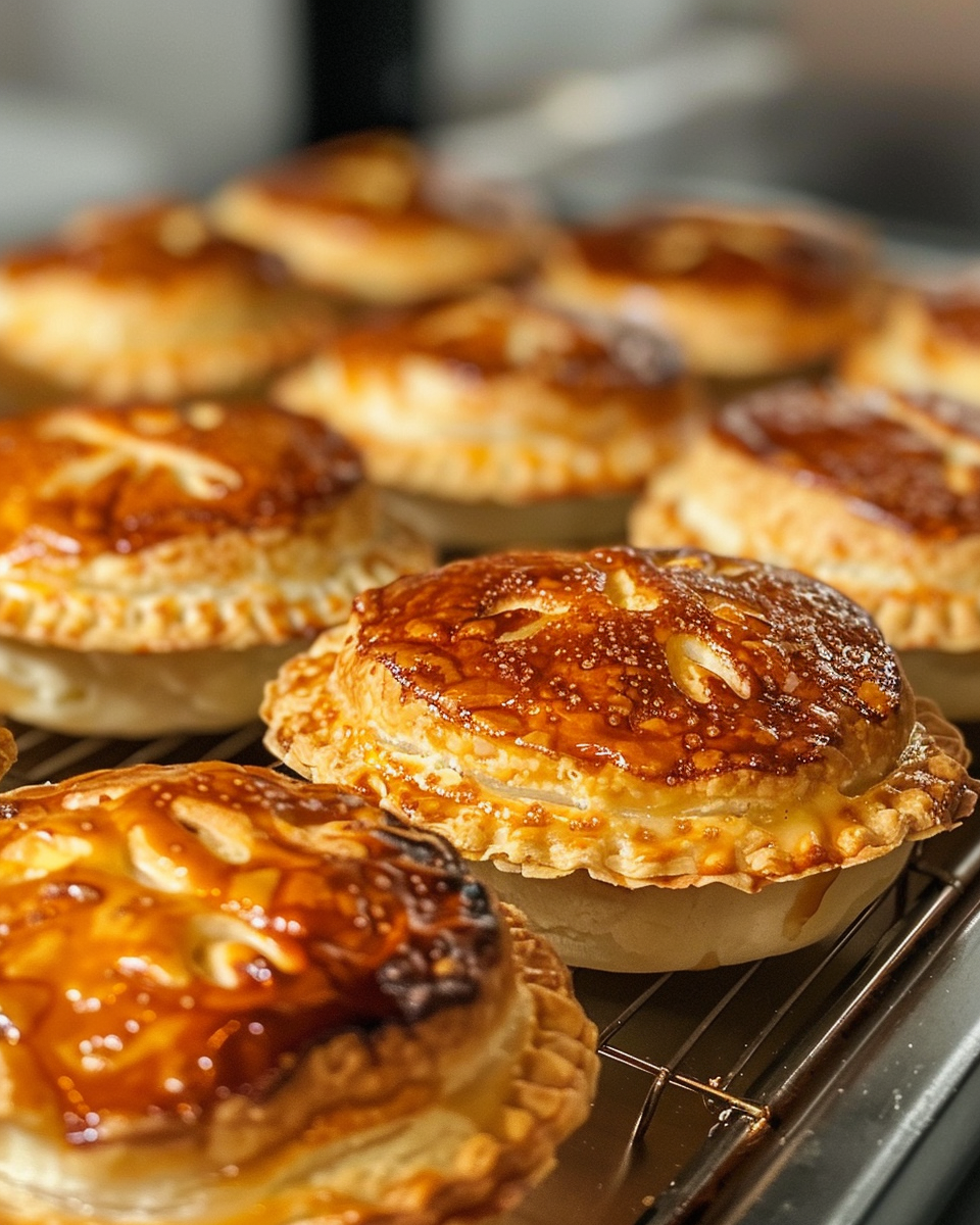 A close-up of a warm mini apple pie with a flaky crust, ready to be enjoyed.
